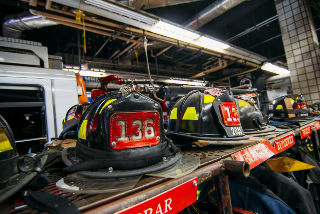 Clothing and tools in a New York fire station